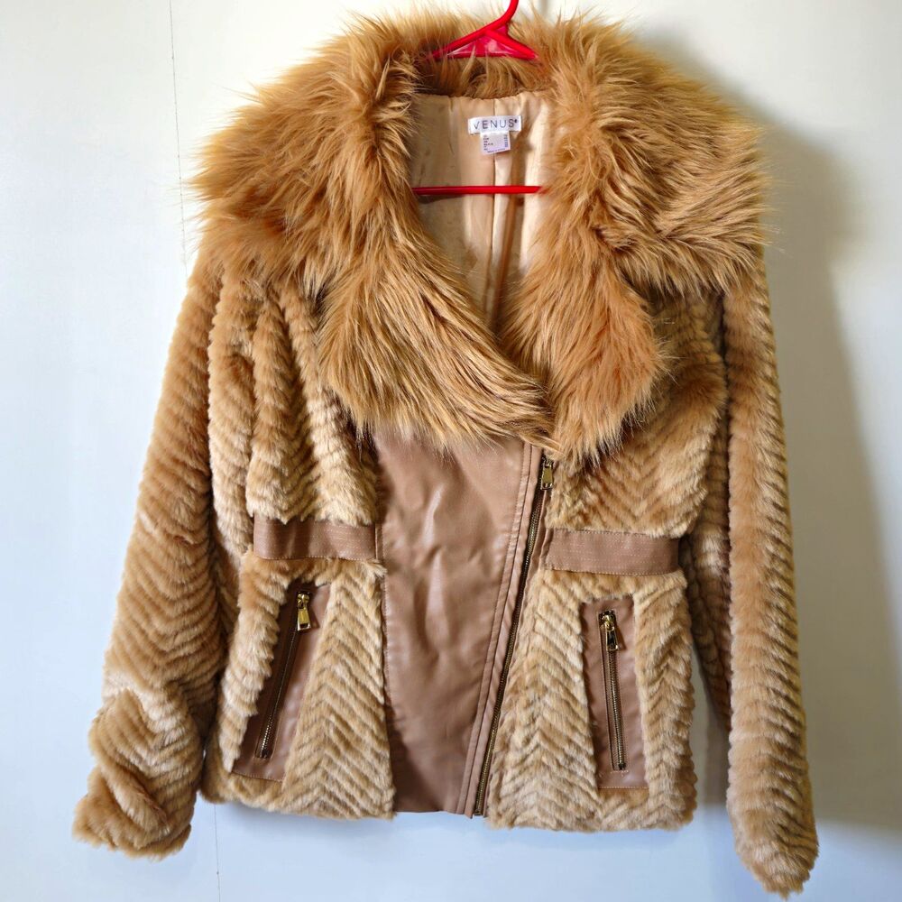 VENUS Faux Fur Leather Panel Moto Jacket Tan Chevron Size 10 FA22 Glam